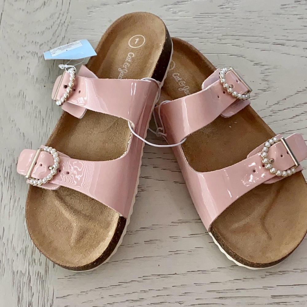 Cat & Jack Big Girl’s Blush Pink Pearl-Buckle Slide Slip-on Summer Sandals 1 M